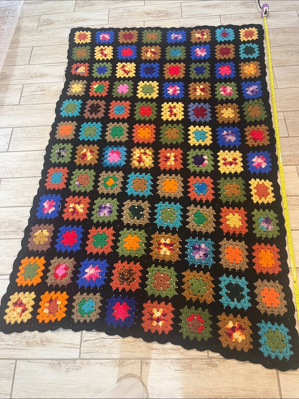 Handmade Multicolor Granny Square Crochet Throw Blanket - Black Border